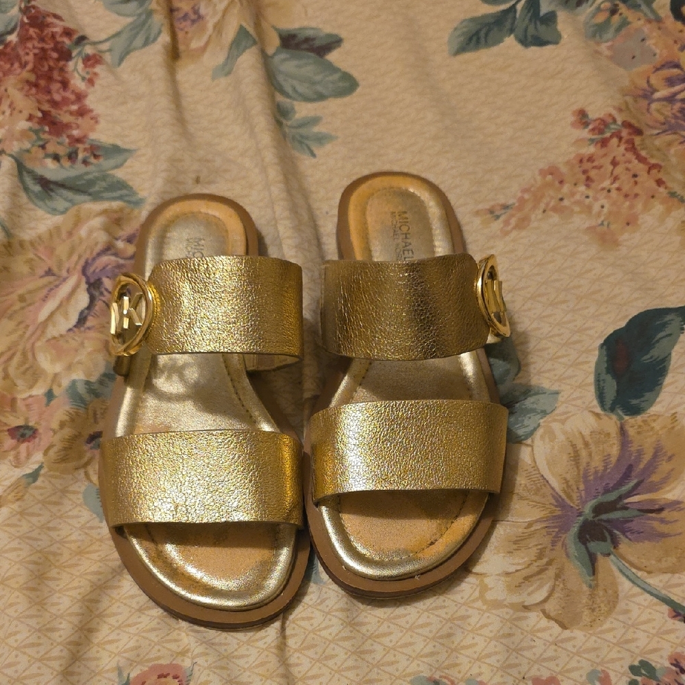 Michael Kors Metallic Gold Double-Band Slide Sandals